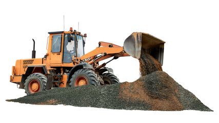 Fototapeta premium A large loader meticulously digs into a mound of gravel, preparing the site for upcoming construction. It is isolated on a white background for design. Construction equipment rental.