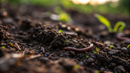 Healthy soil teeming with life, featuring earthworm amidst rich, dark earth and emerging green plants