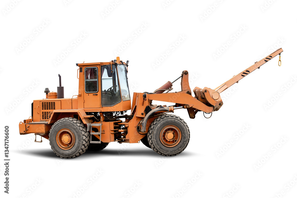Poster powerful construction loader with long boom for moving heavy and large structures on the constructio