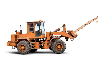 Powerful construction loader with long boom for moving heavy and large structures on the construction site. It is isolated on white background for design. Construction equipment rental.