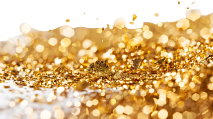 gold particles isolated on transparent background, detailed photo, png 