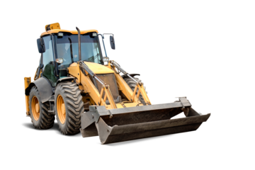 Loader or bulldozer designed for construction work. Ready for rent to participate in various projects. It is isolated on a white background for design.