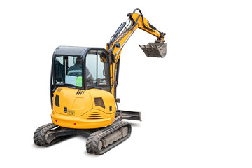 Bright yellow mini excavator at work, prepared for action on a construction site. Ready for rent to participate in various projects. It is isolated on a white background for design.