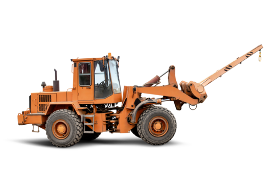 Powerful construction loader with long boom for moving heavy and large structures on the construction site. It is isolated on white background for design. Construction equipment rental.