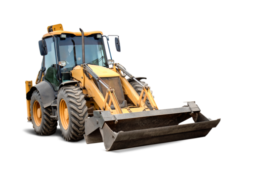 Loader or bulldozer designed for construction work. Ready for rent to participate in various projects. It is isolated on a white background for design.