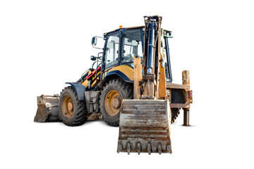 Excavator loader on a construction site, Performs excavation work, demonstrating its power and versatility. It is isolated on a white background for design. Construction equipment rental.