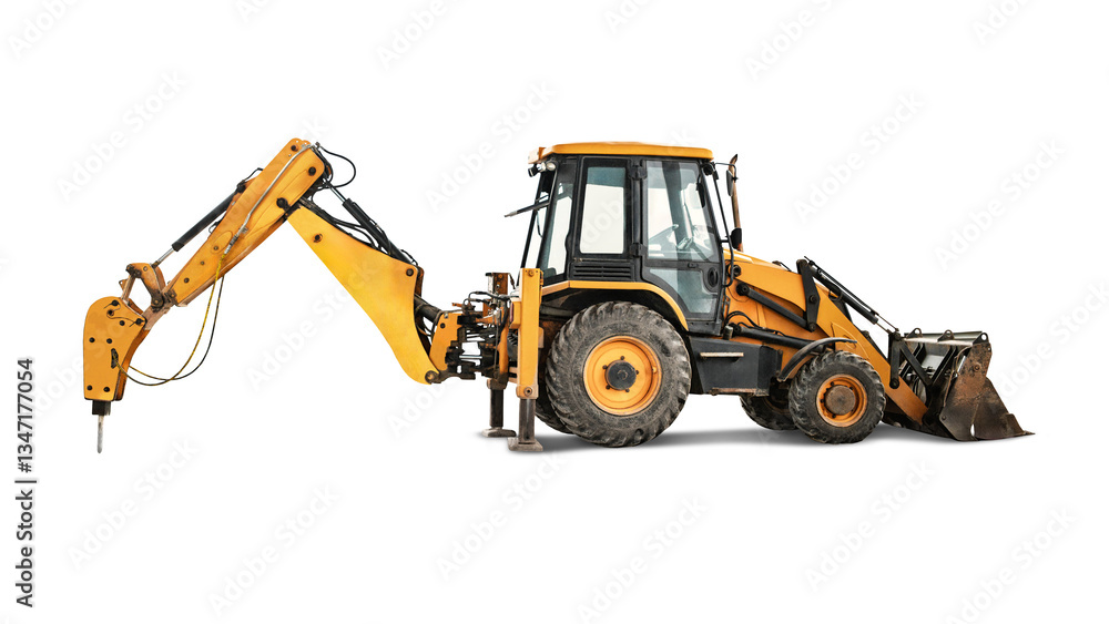 Aufkleber a powerful excavator loader with a hydraulic hammer, demonstrating versatility for various construct