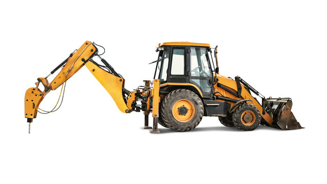 A powerful excavator loader with a hydraulic hammer, demonstrating versatility for various construction projects. It is isolated on a white background for design. Construction equipment rental.
