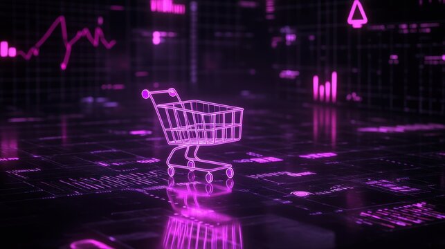 E-commerce concept with a neon-lit shopping cart on a data platform, glowing financial graphs visualizing digital sales growth.