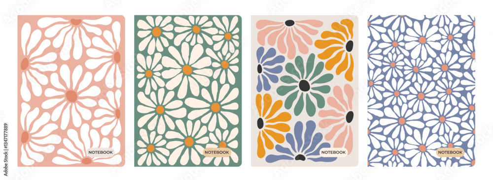 Poster Groovy Daisy Flower Seamless Pattern. Abstract Retro Floral Backgrounds. Vector Notebook Cover Print Design