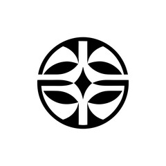 Geometric design emblem with a black and white pattern, symbolizing harmony and balance. The intricate arrangement of shapes creates a sense of depth and visual interest.