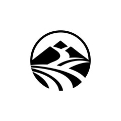 A striking monochrome illustration of mountains and a winding path. The design is a symbol of journey, adventure and the power of nature, enclosed in a circular form