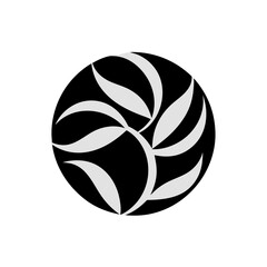 A minimalist, elegant design featuring a swirling pattern of leaves arranged in a circle, symbol of harmony and balance