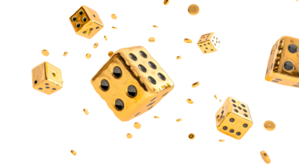 Golden dice tumbling in mid-air isolated on transparent background, detailed photo, png 