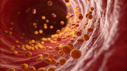 Close up of LDL cholesterol particles moving through blood vessel, illustrating their impact on health and circulation