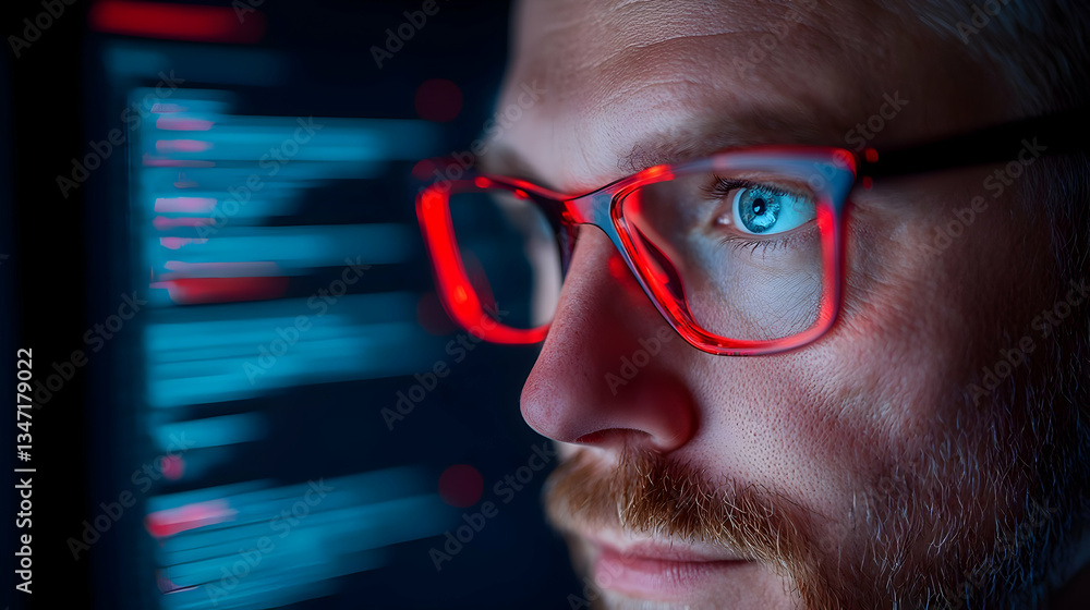 Poster closeup portrait of a man wearing red glasses focused on a computer screen showing lines of code