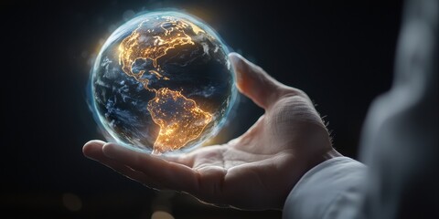 Forecasting based on data collection. A hand holding a glowing globe, symbolizing global connection and responsibility.