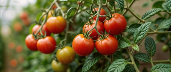 Tomato plant laden with bright red and slightly green tomatoes, surrounded by textured deep green leaves, organic growth, warm sunlight, soft-focus background, healthy and fresh produce.