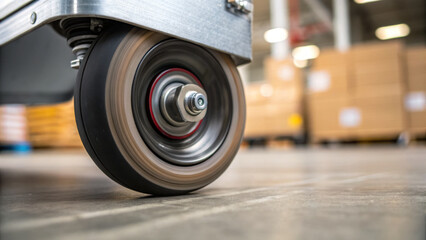 Close up of loading wheel spinning rapidly in warehouse environment, showcasing its functionality and design