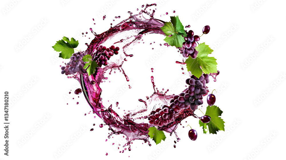 Poster grape leaves and wine splash in the shape of a hexagon isolated on a transparent background, detaile