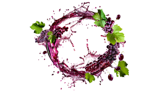 Grape leaves and wine splash in the shape of a hexagon isolated on a transparent background, detailed photo, png 