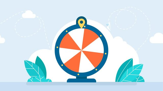 Spinning fortune wheel, lucky roulette, online promotion events. The lottery online casino fortune wheel is in a blue circle with red and white stripes. Spinning bright roulette. 2d flat animation	