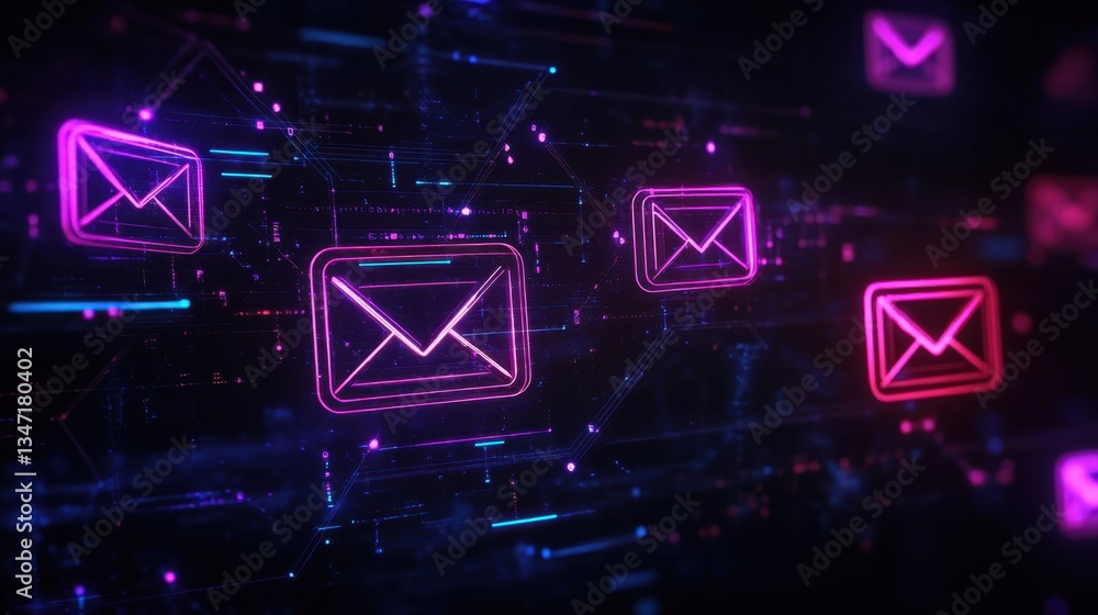 Aufkleber futuristic glowing email icons flowing through a digital network, visualizing seamless data exchange