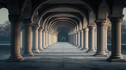 Colonnade path leading to a building at dawn