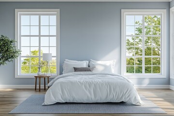 A spacious and bright bedroom with a large white bed
