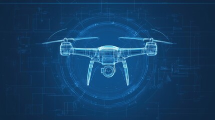 Futuristic quadcopter drone design in blueprint style, with precise measurements, aerodynamic curves, and a holographic interface overlay.