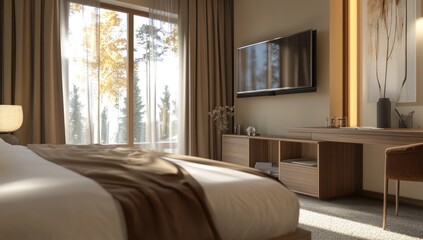 Cozy bedroom with fall view, modern design, interior design