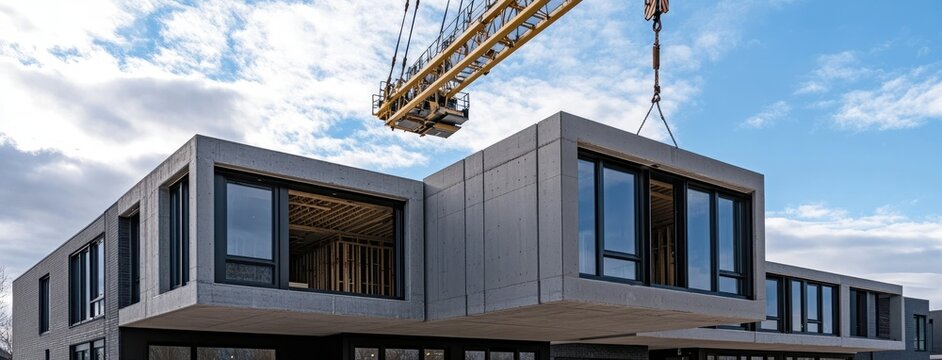 The construction process for contemporary modular buildings is taking place in an urban environment, utilizing a crane during daylight hours under a cloudy sky