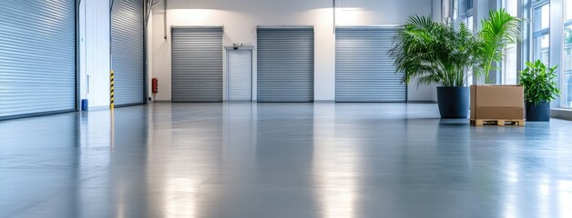 Empty industrial space features polished concrete floors and large windows, illuminated by natural light, with potted plants in the corner near the loading area