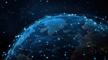 Glowing Earth globe with interconnected network lines, signifying the modern practice of global patent procurement outsourcing for businesses worldwide.