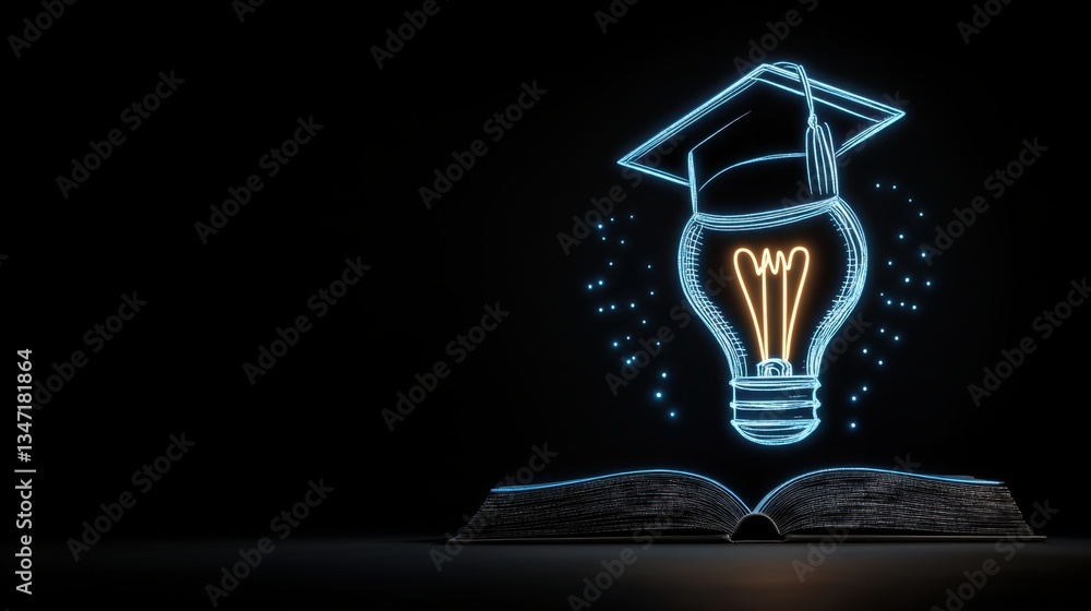 Poster glowing light bulb with a graduation cap floating above an open book, symbolizing knowledge and inno