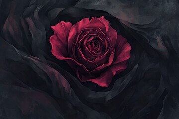 A dark red rose nestled within shadowy, textured fabric; a dramatic, artistic composition.