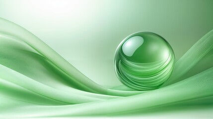 Abstract digital art with light green shades, smooth glossy textures, curved flowing lines, subtle gradients, minimal composition, soft lighting effects, modern clean background, translucent geometric