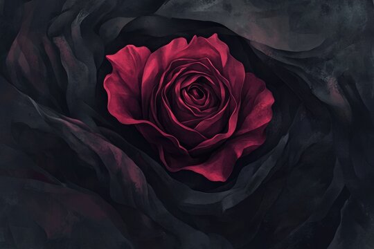 Fototapeta A dark red rose nestled within shadowy, textured fabric  a dramatic, artistic composition.