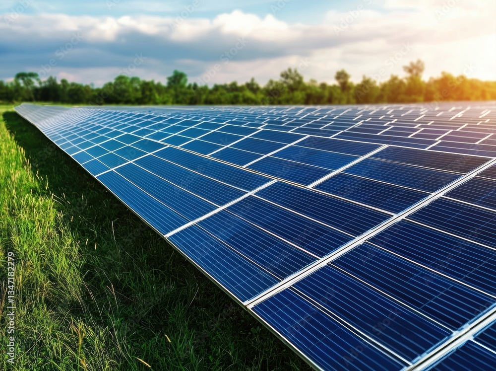 Aufkleber rows of solar panels are capturing sunlight in a large open field, generating clean and sustainable 