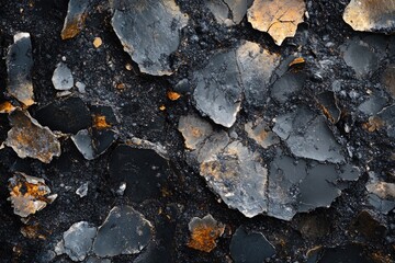 Dark, fractured slate stones with interspersed golden hues create a dramatic, textured surface.