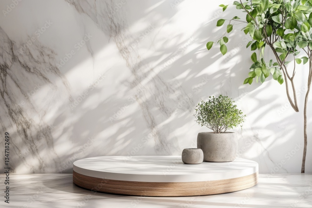 Poster a marble wall with a round platform and plants casting shadows creating a serene and calming atmosph