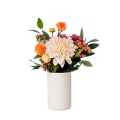 Obraz premium A white vase with a bouquet of flowers in it. The flowers are orange and yellow
