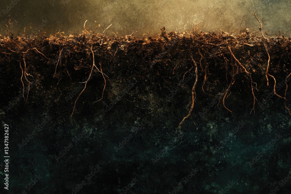 Poster dark, mysterious image showcasing a cross-section of soil with intricate root systems.