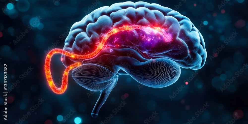 Poster detailed visualization of human brain showing neural pathways in the limbic system with highlighted 