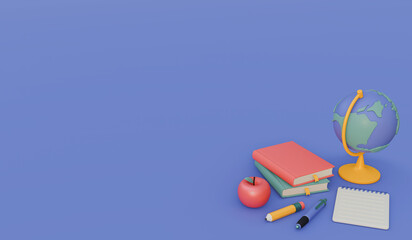 Cartoon style school teacher items over blue background. 3D render.
