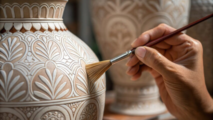 skilled artisan carefully paints intricate patterns on beautifully crafted pottery piece, showcasing dedication and artistry