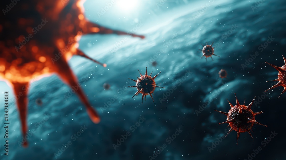 Poster immune cells attacking viruses in a conceptual background of defense mechanism