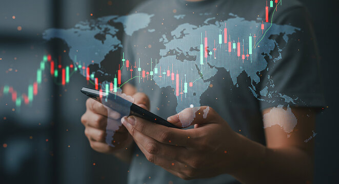Person holding phone with stock market overlayed on a world map in a dark environment setting - Powered by Adobe