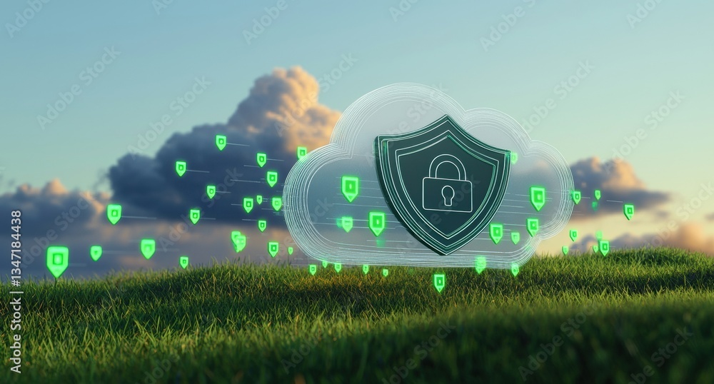 Poster cloud security concept showcasing a shield and lock protecting data, symbolizing robust cybersecurit