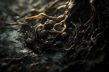 Fototapeta premium Close-up of dark, intricate roots and nodules, possibly seaweed or plant matter, lit by sunlight.